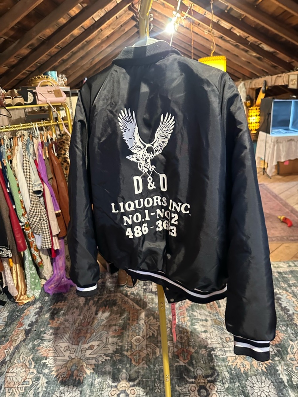 D&D Liquors Black Satin Bomber Jacket with Eagle Graphic
